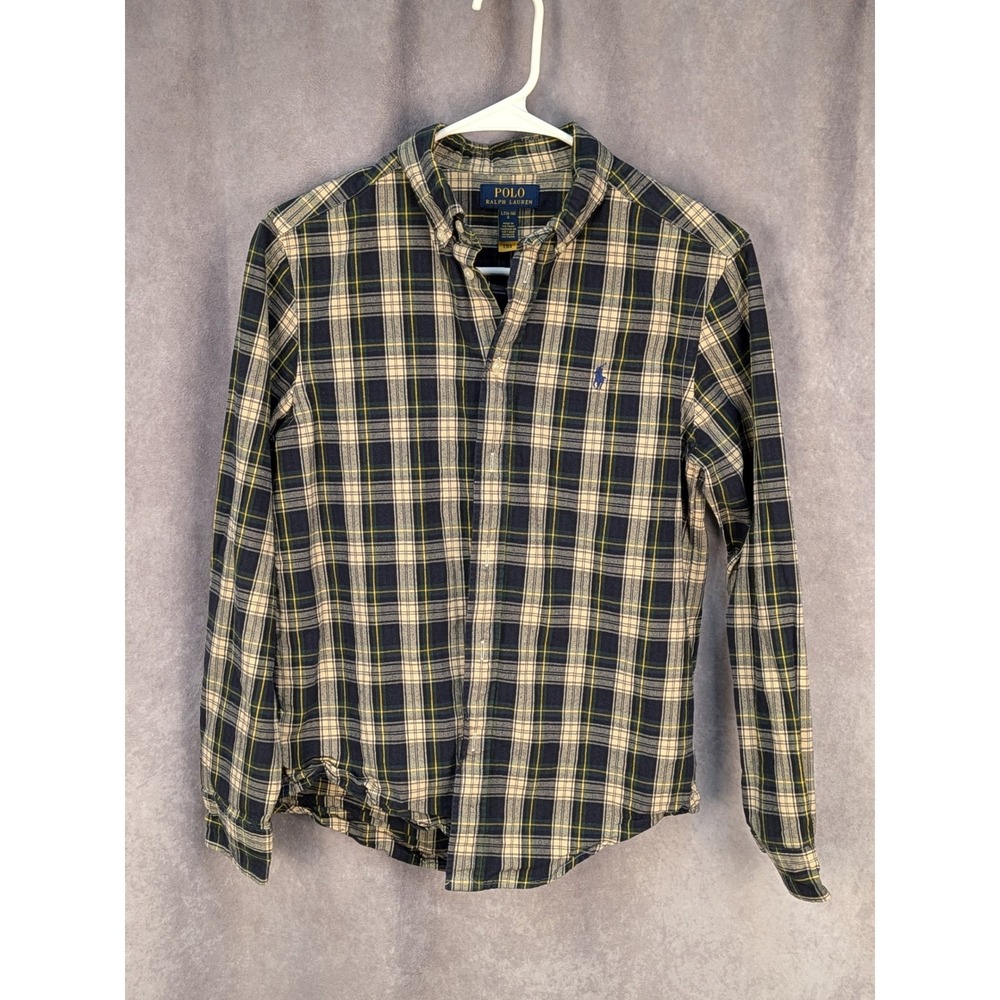 Polo Ralph Lauren Boys L 14-16 Plaid Flannel Button Down Shirt Navy Green Yellow
